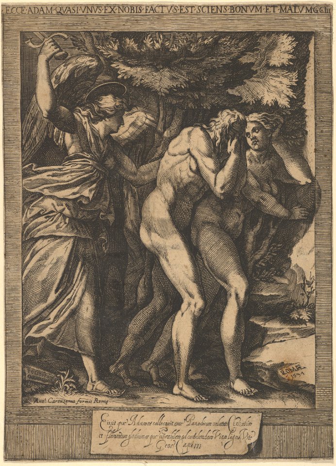 The Expulsion of Adam and Eve with an angel wielding a sword behind them MET DP836923