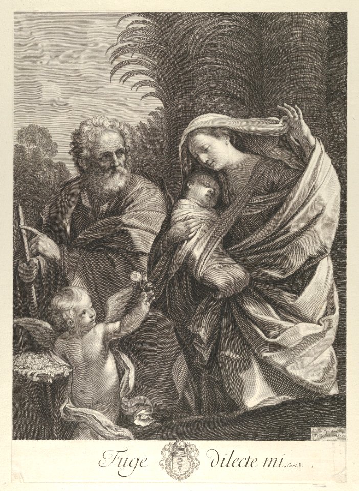 The Flight into Egypt; the Holy Family walking together, Saint Joseph pointing to the left and the Virgin carrying the infant Christ, an angel in front of her offering a flower, after Reni MET DP841322