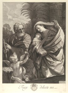 The Flight into Egypt; the Holy Family walking together, Saint Joseph pointing to the left and the Virgin carrying the infant Christ, an angel in front of her offering a flower, after Reni MET DP841322