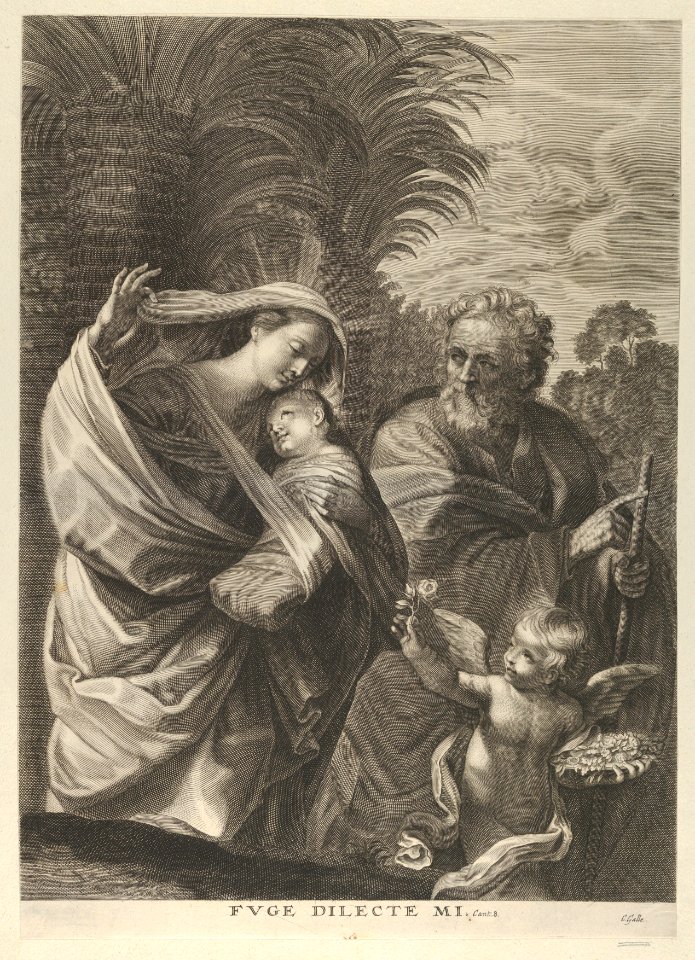 The Flight into Egypt; the Holy Family walking together, Saint Joseph pointing to the right and the Virgin carrying the infant Christ, an angel in front of her offering a flower, after Reni MET DP841323