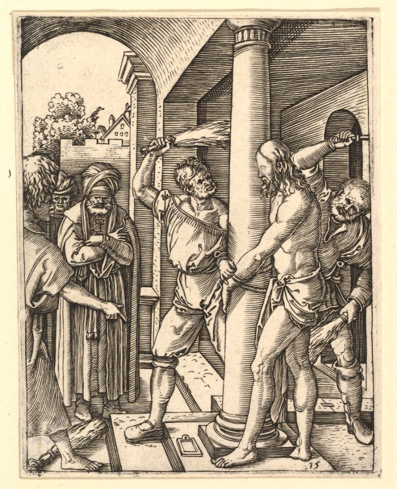 The Flagellation- Pilate stand under archway on left watching two men flagellate figure of Christ tied to column MET DP820320