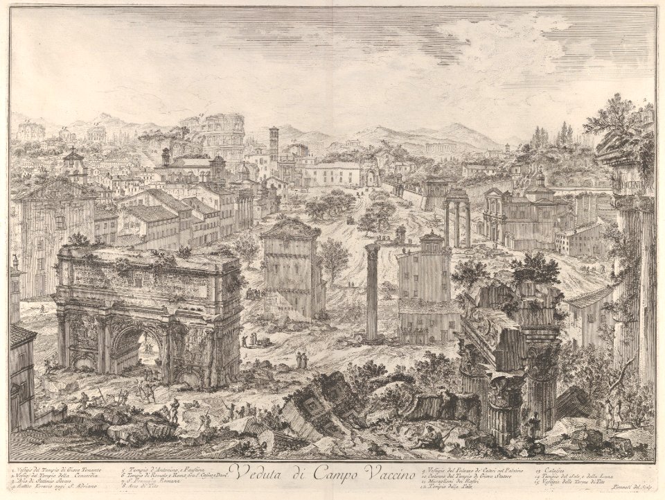 The Forum Romanum, or Campo Vaccino, from the capitol, with the Arch of Septimus Severus in the foreground left, Temple of Vespian right, and the Colosseum in the distance (Veduta di Campo Vaccino) MET DP836142