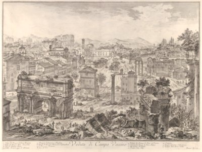 The Forum Romanum, or Campo Vaccino, from the capitol, with the Arch of Septimus Severus in the foreground left, Temple of Vespian right, and the Colosseum in the distance (Veduta di Campo Vaccino) MET DP836142