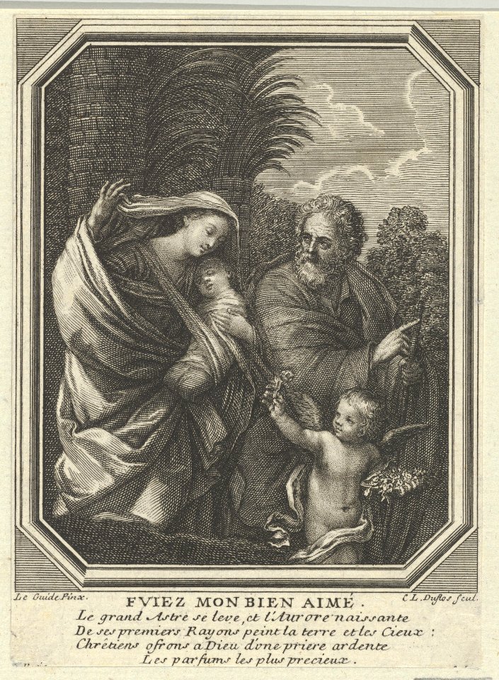 The Flight into Egypt; the holy family walking with the young John the Baptist, trees behind them, in an octagonal frame, after Reni MET DP841462