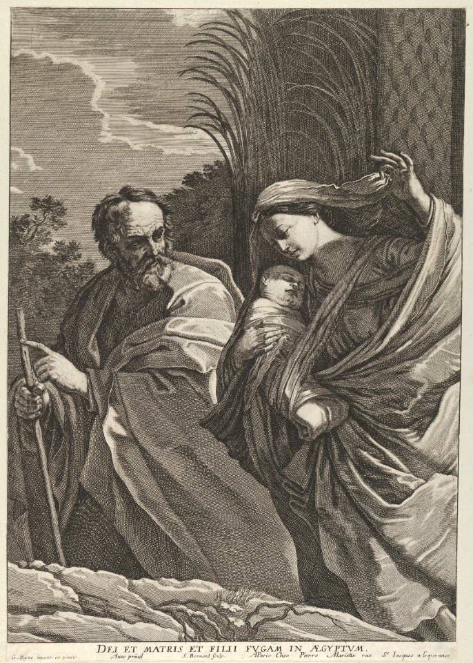 The Flight into Egypt; the Virgin carrying the infant Christ, Joseph pointing to the left, trees behind them, after Reni MET DP841303
