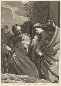 The Flight into Egypt; the Virgin carrying the infant Christ, Joseph pointing to the left, trees behind them, after Reni MET DP841303
