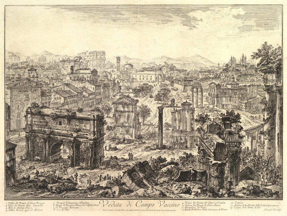 The Forum Romanum, or Campo Vaccino, from the Capitol, with the Arch of Septimius in the foreground left, Temple of Vespian right, and the Colosseum in the distance (Veduta di Campo Vaccino) MET DP828309