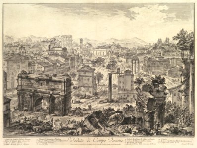 The Forum Romanum, or Campo Vaccino, from the Capitol, with the Arch of Septimius in the foreground left, Temple of Vespian right, and the Colosseum in the distance (Veduta di Campo Vaccino) MET DP828309