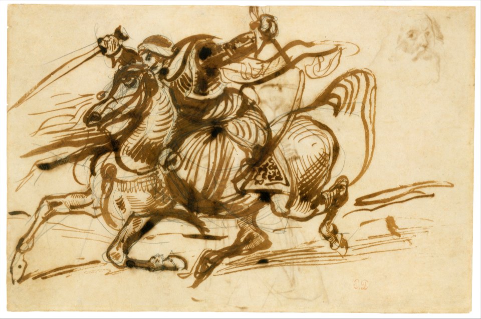 The Giaour on Horseback (recto); Study of a Woman with Head and Arms Thrown Back, and Study of the Head of an Old Man (verso). MET DT252146