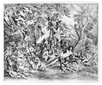 The Garden of Venus who reclines in the centre before a term of Pan and surrounded by cupids MET 271352