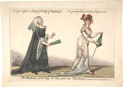 The Fashions of the Day – or Time Past and Time Present- The Year (1740) a Lady's Full Dress of Bombazeen – The Year (1808) Lady's Undress of Bum-be-seen MET DP808233