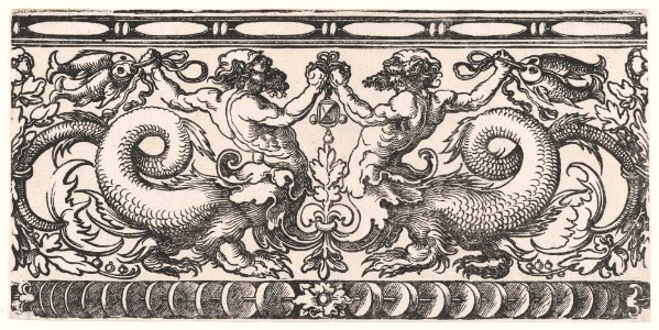 Symmetric Ornamental Frieze with Two Fighting Hybridic Creatures (Half Satyr, Half Dragon) holding Fish MET DP872959