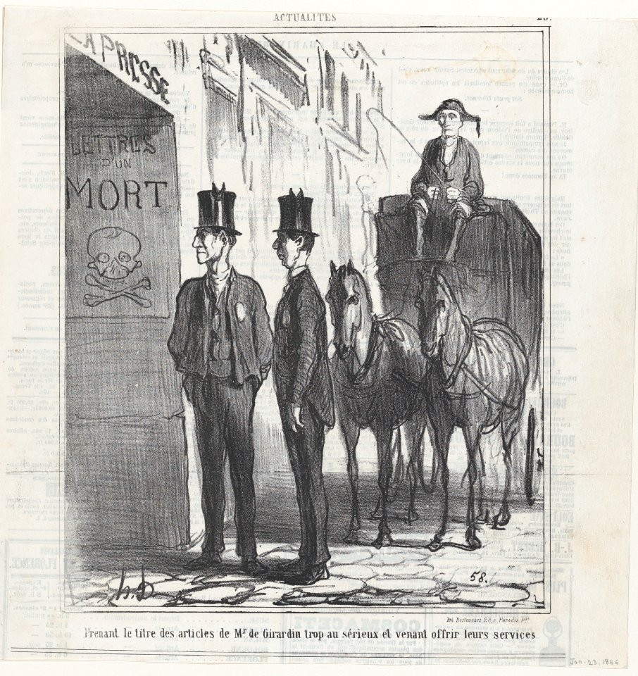 Taking the headlines of Monsieur de Girardin too seriously and coming to offer their services, from 'News of the day,' published in Le Charivari, January 23, 1866 MET DP877444