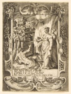 Tantalus at left speaking to Diana at right, set within an elaborate frame, from the 'Loves, Rages and Jealousies of Juno' MET DP812663
