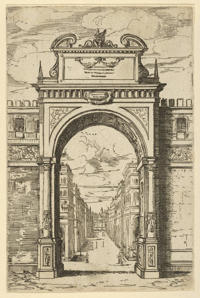 Triumphal arch surmounted by a statue of Moses, buildings seen through the arch below, a temporary decoration for the entry of Pope Clement VIII in Bologna in 1598 MET DP837823