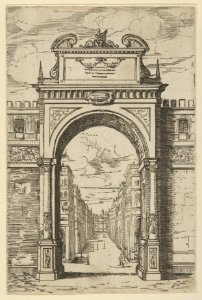 Triumphal arch surmounted by a statue of Moses, buildings seen through the arch below, a temporary decoration for the entry of Pope Clement VIII in Bologna in 1598 MET DP837823