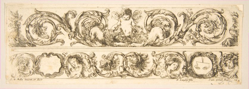 Two Acanthus Friezes- Cupid Subduing Two Lions; Heads of Four Seasons, Plate 14 from- 'Decorative friezes and foliage' (Ornamenti di fregi e fogliami) MET DP817950