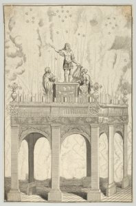 Triumphal arch with sculpture of Louis XIV as Apollo and fireworks in the background MET DP855554