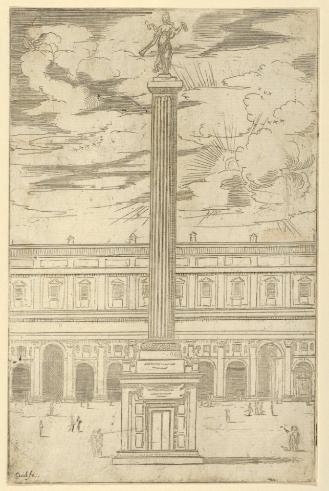 Triumphal column with female figure of Fame holding a trumpet at the top, a temporary decoration for the entry of Pope Clement VIII in Bologna in 1598 MET DP837813