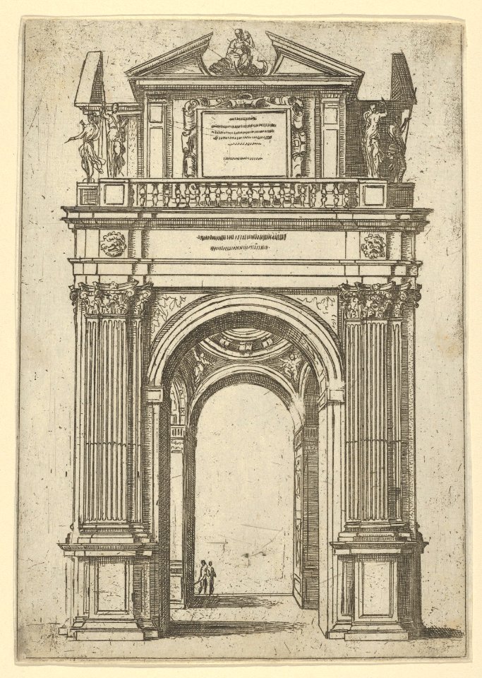Triumphal arch surmounted by woman seated on a dolphin, four standing figures below, a temporary decoration for the entry of Pope Clement VIII in Bologna in 1598 MET DP837826