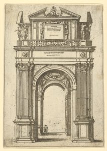 Triumphal arch surmounted by woman seated on a dolphin, four standing figures below, a temporary decoration for the entry of Pope Clement VIII in Bologna in 1598 MET DP837826