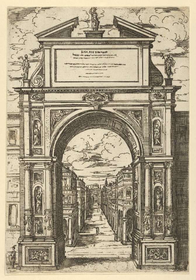Triumphal arch surmounted by a statue representing the city of Bologna, buildings seen through the arch below, a temporary decoration for the entry of Pope Clement VIII in Bologna in 1598 MET DP837822