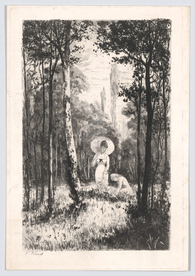 Two women in a clearing in the woods, one holding a parasol, the other seated in the grass MET DP874284