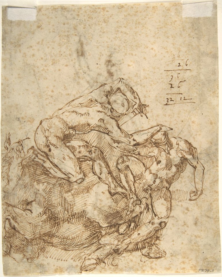 Two Women with Sun and Bird (recto); Two Men Fighting and a Fallen Horse (verso) MET DP801950