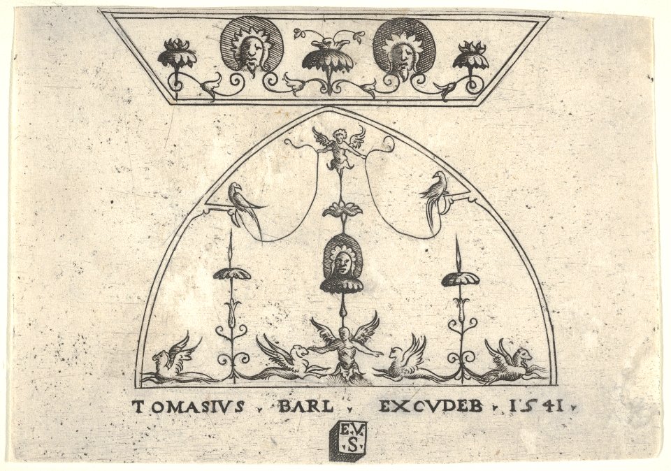 Two panels of grotesque decoration, with winged human figures, birds, and griffins, from a series of panels of different dimensions representing grotesques MET DP832534