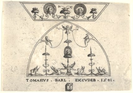 Two panels of grotesque decoration, with winged human figures, birds, and griffins, from a series of panels of different dimensions representing grotesques MET DP832534