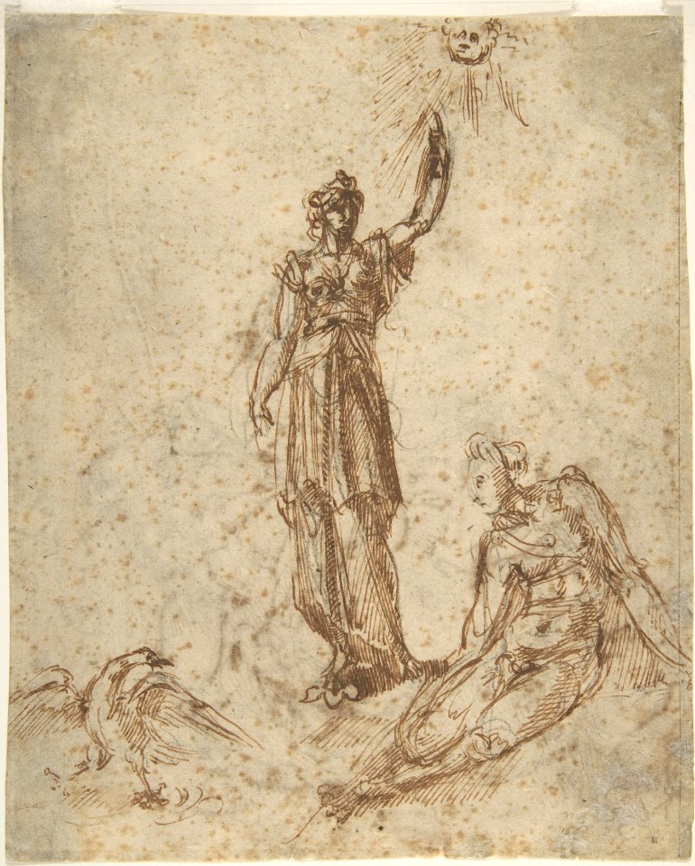 Two Women with Sun and Bird (recto); Two Men Fighting and a Fallen Horse (verso) MET DP801949