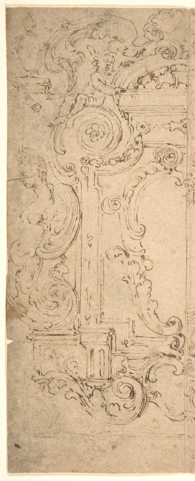 Two Alternatives Designs for a Cartouche Decorated with a Frame, Statues, and Volutes. MET DP809183