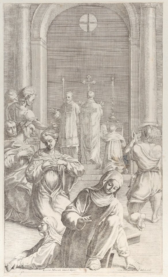 Two nuns emerging from a tomb while Saint Benedict celebrates the Mass Met DP885618