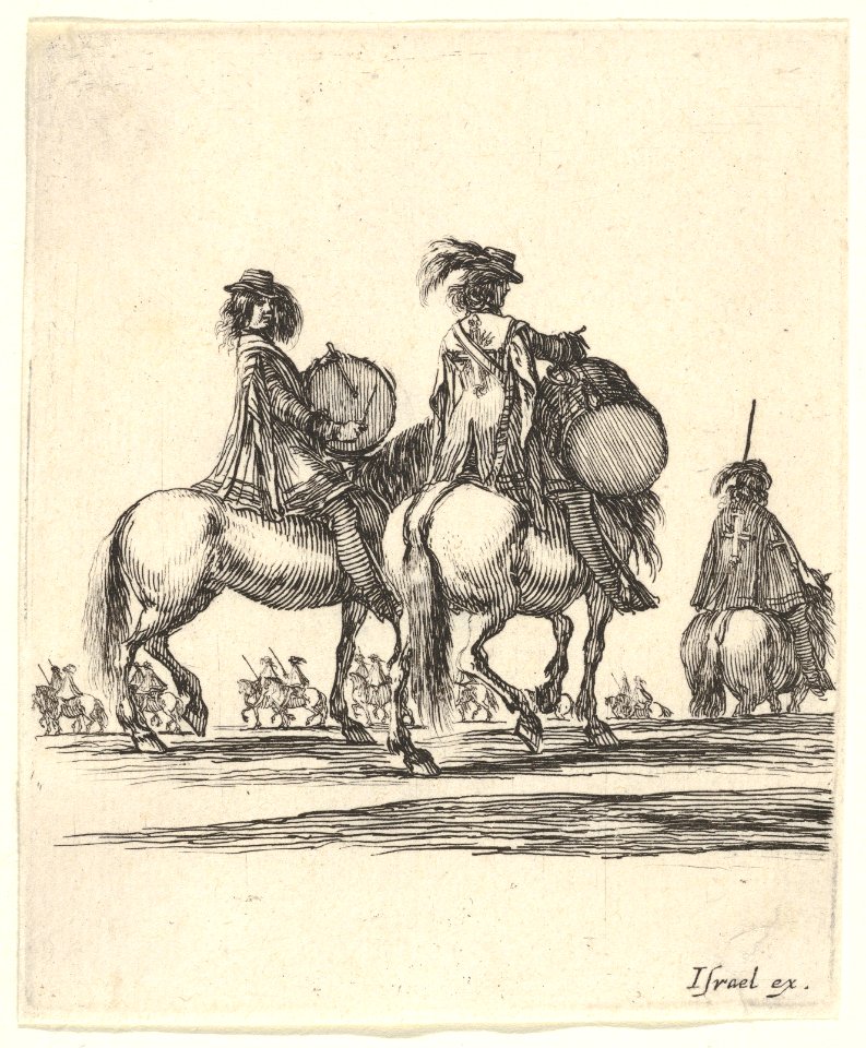 Two muskateers with drums on horseback following a procession to the right, from 'Various cavalry exercises' (Diverses exercices de cavalerie) MET DP833158