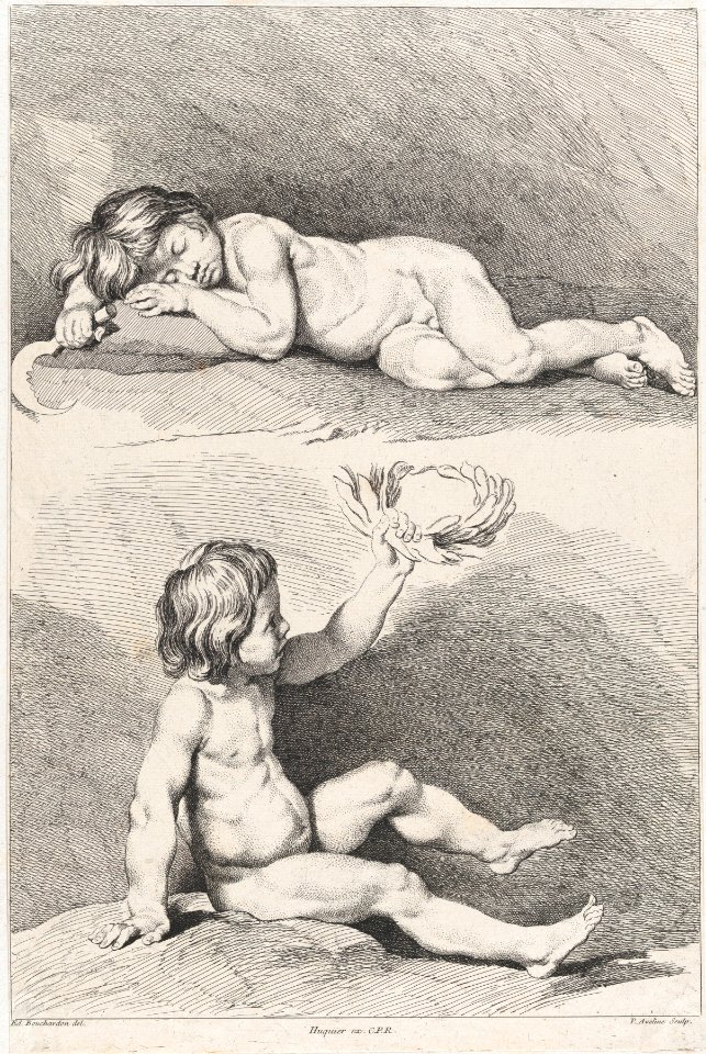 Two nude children, one sleeping and the other holding a wreath, from New Book of Children MET DP876429