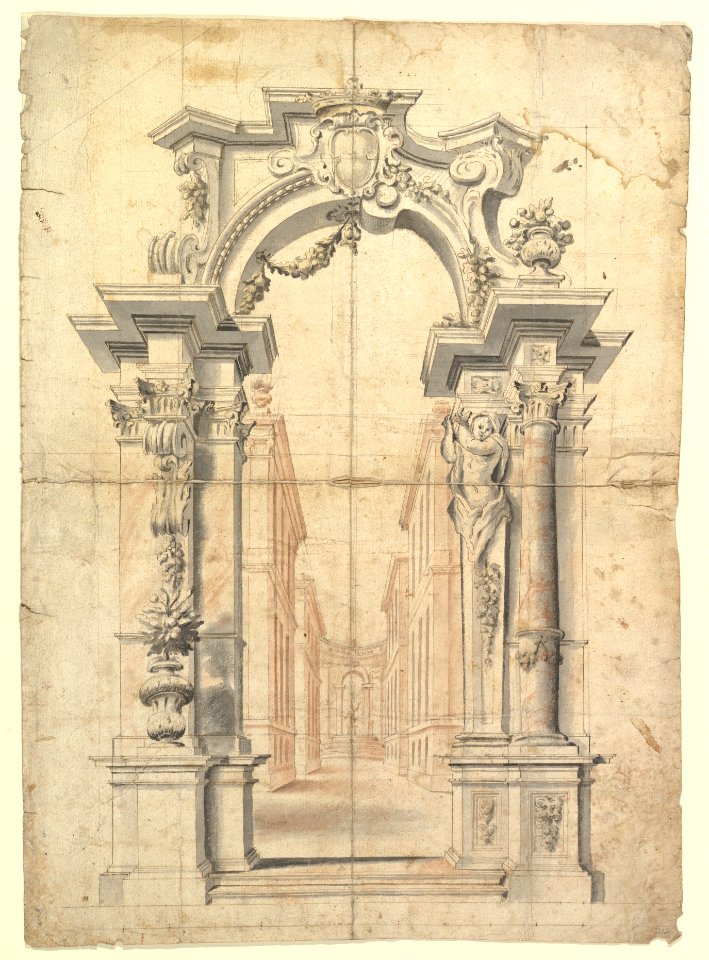 Two One Half Variants of a Design for Painted Wall Decoration with Arch and Perspective View Inside (recto). Negligible diagrams and compass drawn circle (verso). MET DP820554