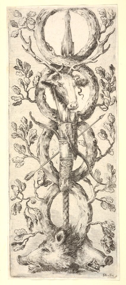 Two wild boar heads below, a deer head above, a bow and arrow in center, from 'Ornaments or Grotesques' (Ornamenti o Grottesche) MET DP833541