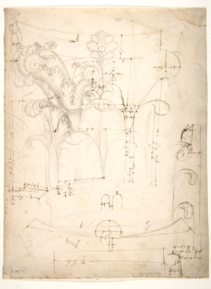 Unidentified Corinthian capital, elevation, section, and ceiling plan (recto) blank (verso) MET DP810847
