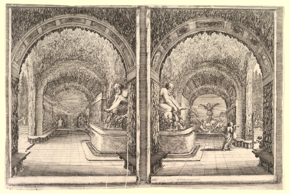 Two views of a grotto, both views with a fountain with a seated statue, seen from the left and right sides, from 'Views of the villa at Pratolino' (Vues de la villa de Pratolino) MET DP827733