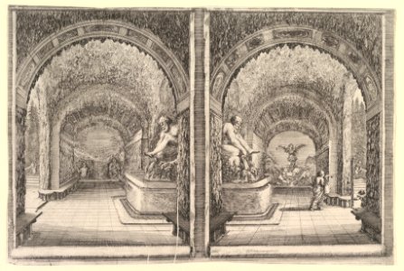 Two views of a grotto, both views with a fountain with a seated statue, seen from the left and right sides, from 'Views of the villa at Pratolino' (Vues de la villa de Pratolino) MET DP827733