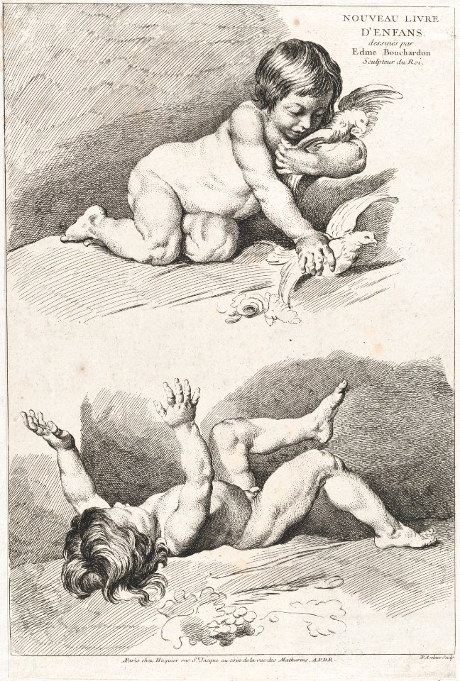 Two nude children playing with a leaf; from New Book of Children MET DP876426