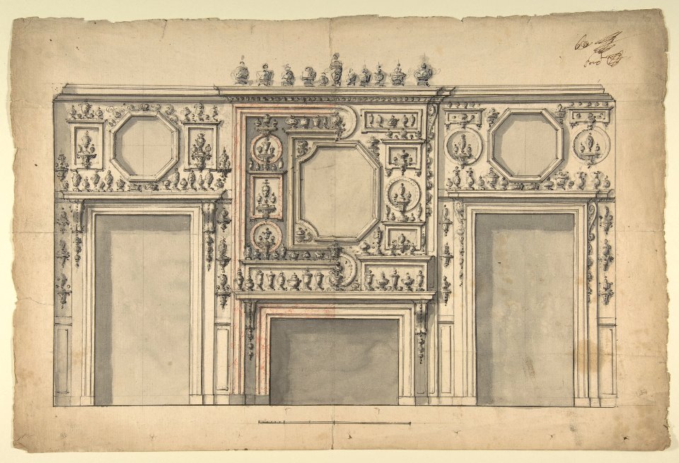 Two Variant Designs for the Interior of a Room, Decorated with Porcelains, Fireplace in Center, and With the Doorways at Either Side MET DP803744