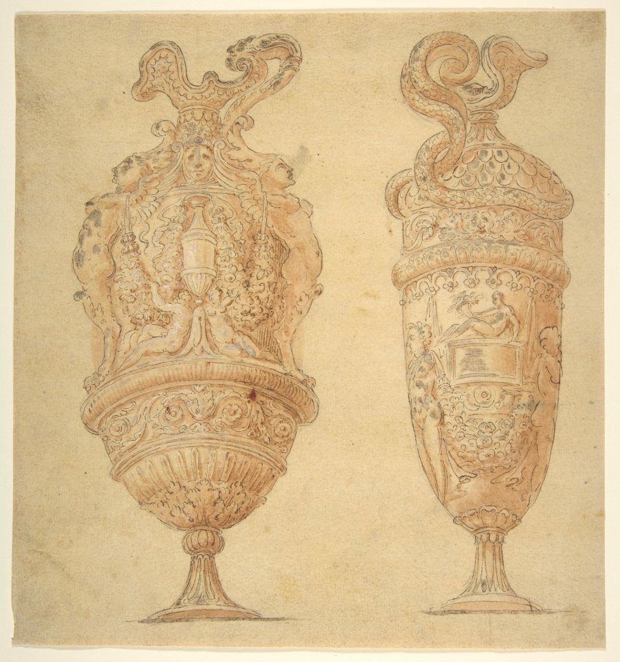 Two Urns Decorated with Human Figures, Animals and Garlands. MET DP811252