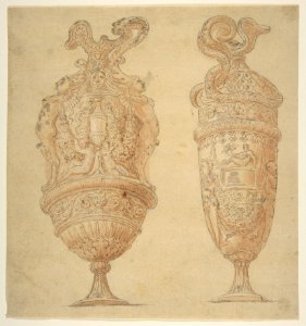 Two Urns Decorated with Human Figures, Animals and Garlands. MET DP811252