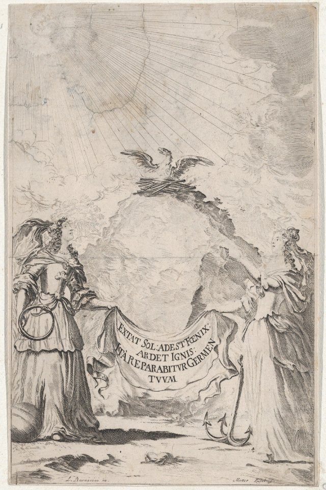 Two women holding a banner at center as a phoenix rises above; set design from 'Il Fuoco Eterno' MET DP874711