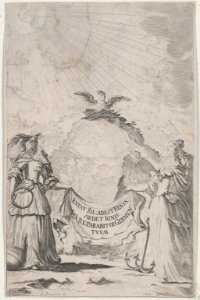 Two women holding a banner at center as a phoenix rises above; set design from 'Il Fuoco Eterno' MET DP874711