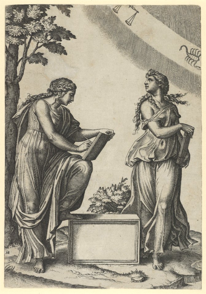 Two women of the zodiac standing beneath the signs of Libra and Scorpio MET DP854407