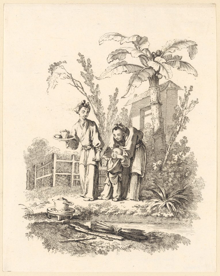 Two Women Leading a Child toward a Teapot on a Table near a Pond MET DP224419