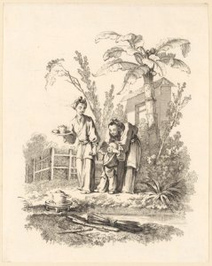 Two Women Leading a Child toward a Teapot on a Table near a Pond MET DP224419