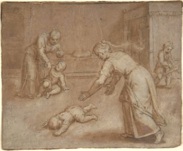 Two women and three children in an interior MET DP801535